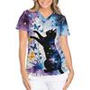 Clinical Uniform Cute Cat Cartoon Print Fashion Short Sleeve Casual V-Neck Vet Medical Clothes Women's T-shirts