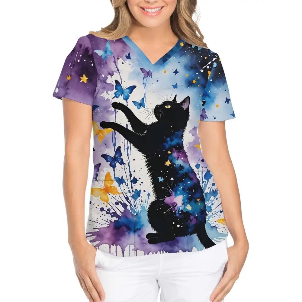 Clinical Uniform Cute Cat Cartoon Print Fashion Short Sleeve Casual V-Neck Vet Medical Clothes Women's T-shirts