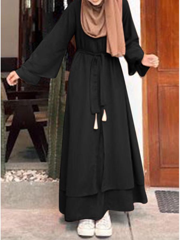 

2024 Весна/Осень Ретро Мусульманская Мода Искусство Свободное Платье с Круглым Вырезом и Поясом S чёрный
