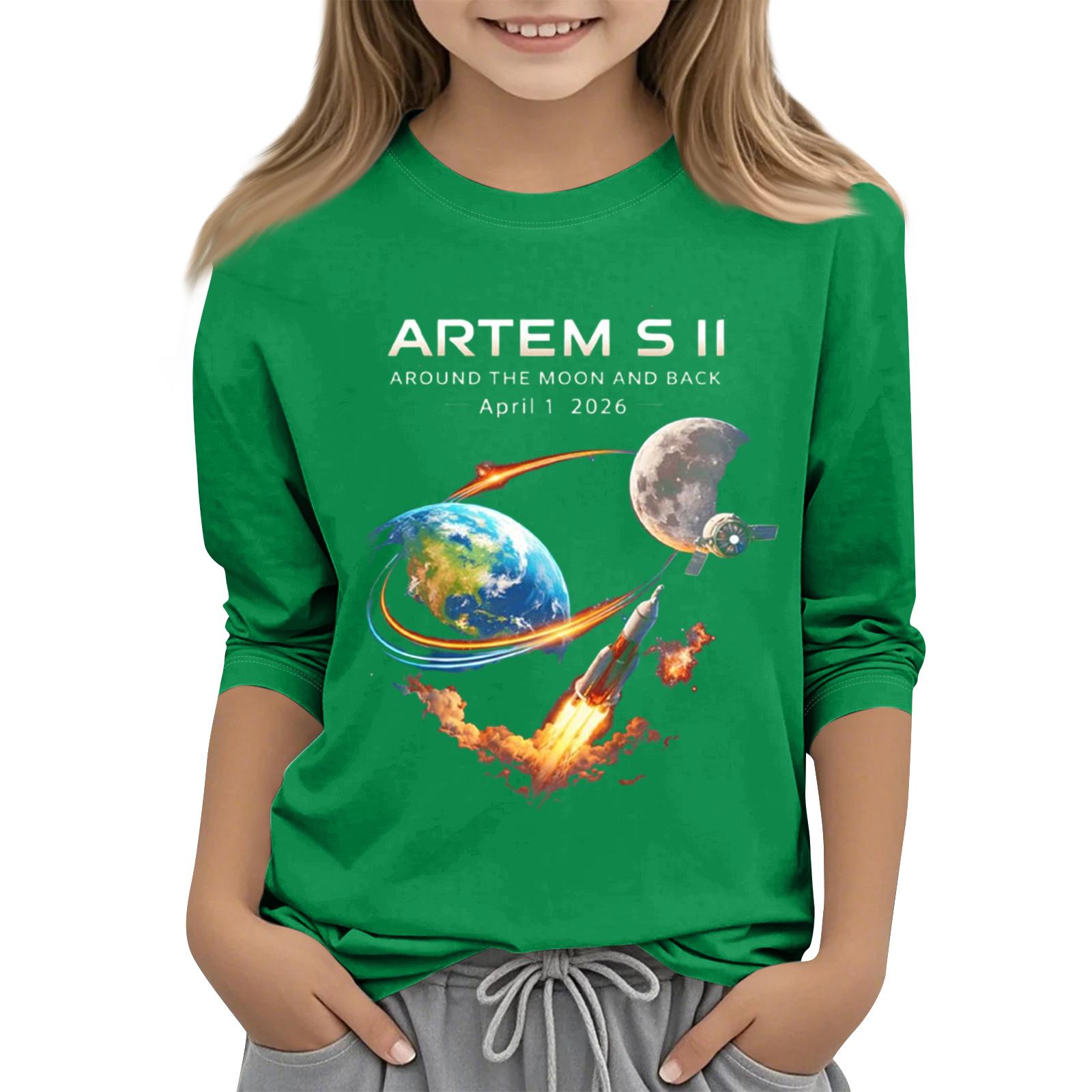 

Kids Crew Neck Three Quarter Sleeve Casual T Shirt Space Graphic Print Comfortable Fit Soft Fabric Children Tee for Everyday Wear 120 зелёный