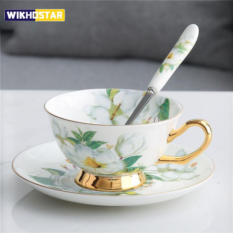 Gold-plated Ceramic Cup&saucer Green Flowers Pattern Coffee Mug Dining Table Milk Mugs Afternoon Tea Teacup Fruits Juice Cup