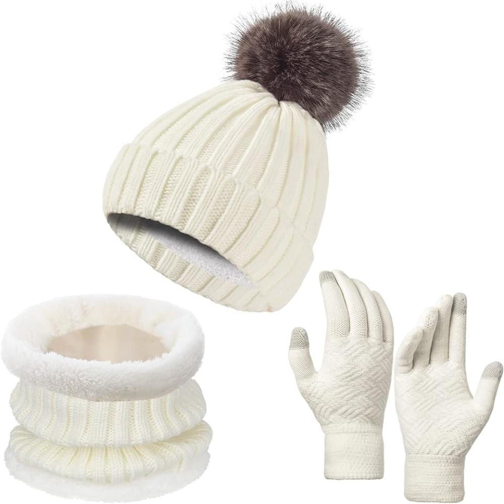 3Pcs/Set Warm Winter Hat Scarf Gloves Set Thicken Scarf Neck Warmer for Men Women белый