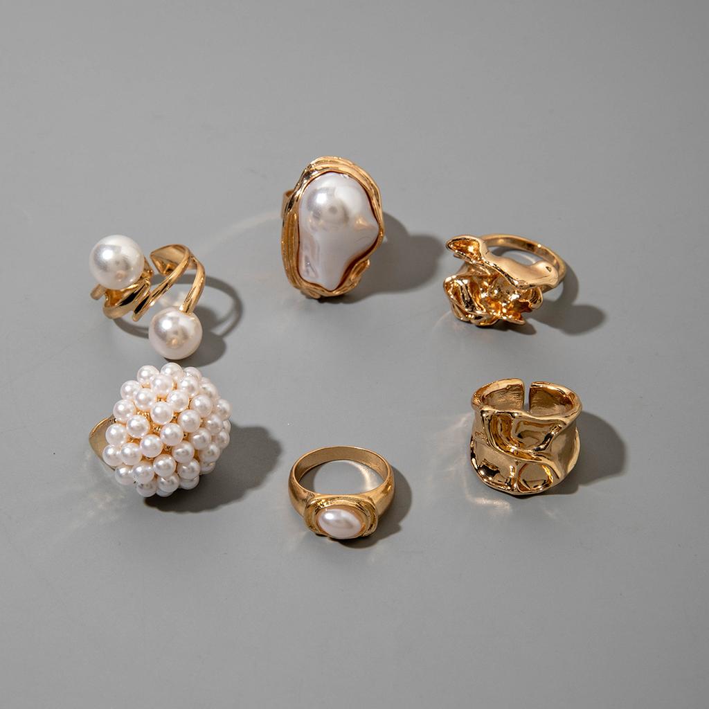 European and American design liquid lava flower opening ring ins baroque imitation pearl set gemstone ring