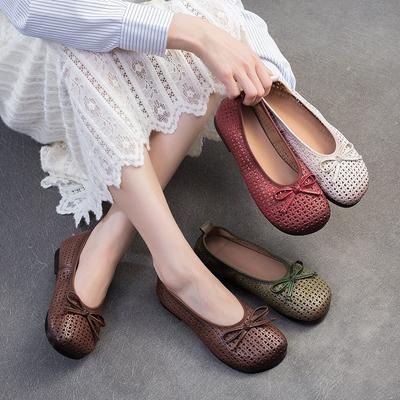 Ballerines rétro à nœud, semelle souple, confortables, peu échancrées, ajourées, respirantes, chaussures décontractées pour femmes
