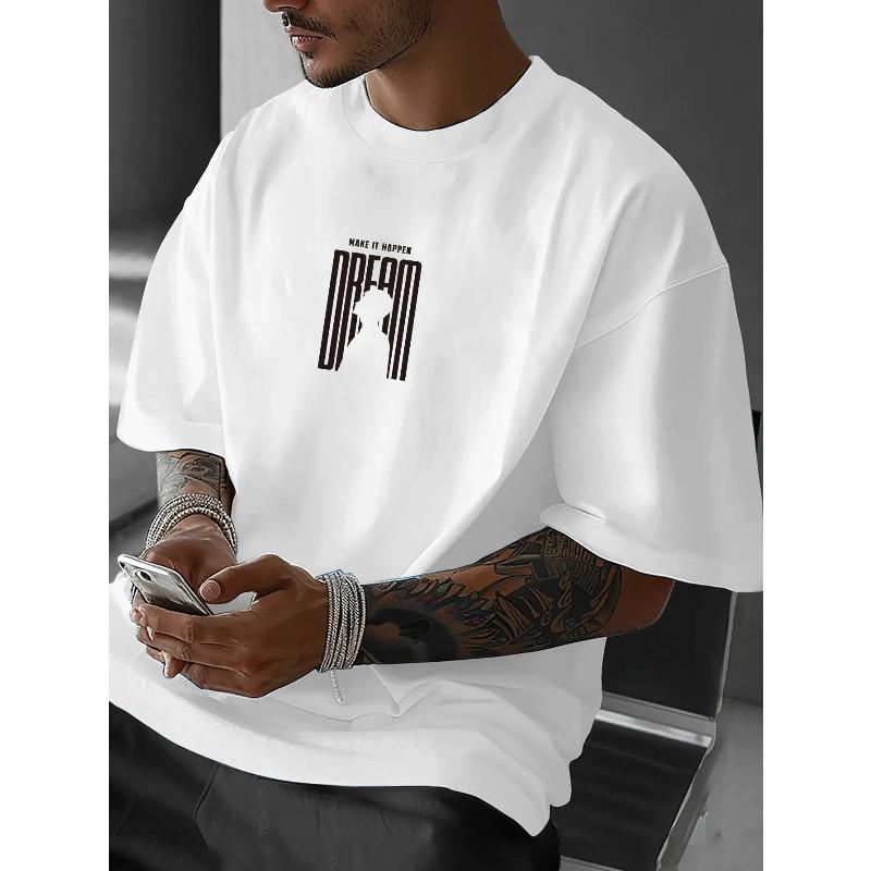 European Sizes Men'S Inspirational "DREAM" Graphic T-Shirt - Casual Loose Fit, Breathable Summer Tee with Drop Shoulder Design