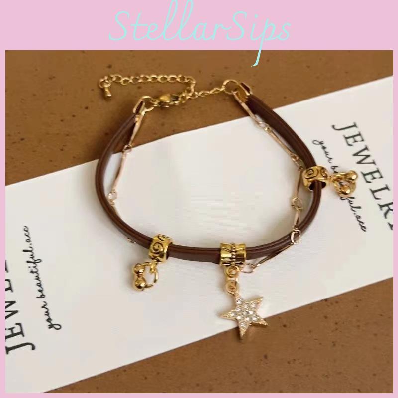 Elegantes Legierungs-Stern-Lederarmband für Damen Einzigartiges Design Kaffeefarbe