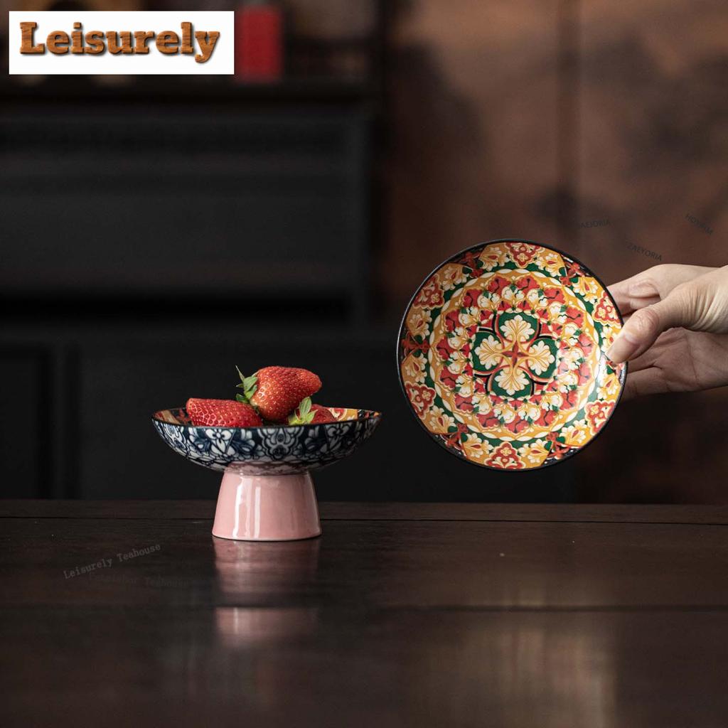 Brocade Cluster High-footed Fruit Dishes Elegant Pastry Plate Cake Display Stand Dim Sum Plate Household Hospitality Dishes Gift