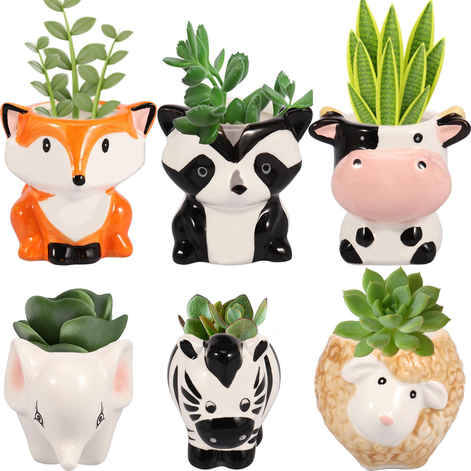 

6PCS Ceramic Succulent Pots with Drainage Hole Small Cute Animal Planter Pots Container Set for Indoor Home Office Decoration