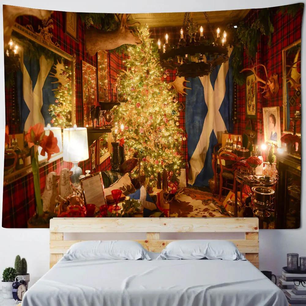 Christmas Scene Tapestry Wall Hanging Christmas Tree Fireplace Santa Claus Home Decoration Bohemian Hippie Printed Cloth