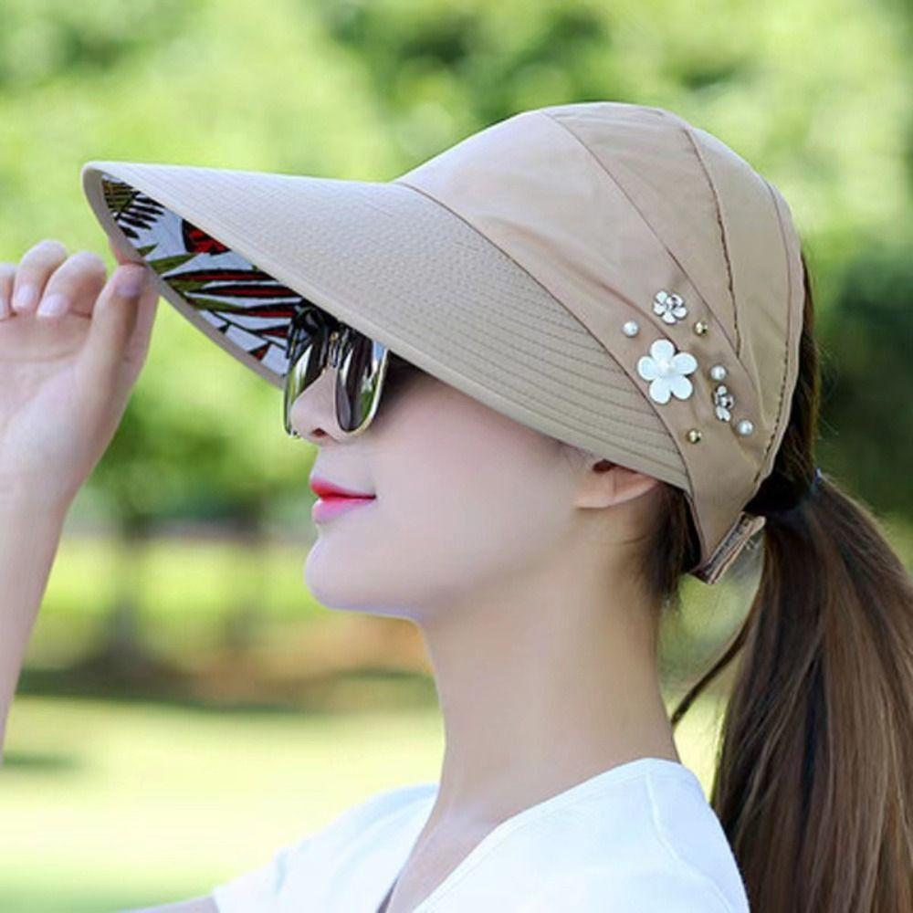UV Protection Women Sun Hat Flower Beach Visor Cap Portable Summer Ponytail Cap  Ladies