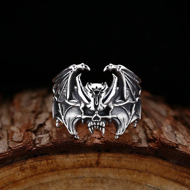 Skeleton Bat Ring Imitation Copper Opening Retro Personalized Trendy Wide Edition Ring Punk Zircon