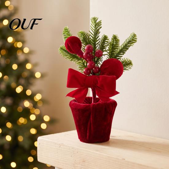 Holiday Desk Decorations Velvet Christmas Ball Potted Plants, Mini Tree with Artificial Pine, Tabletop Red Berry, Fabric Bow, Centerpiece for