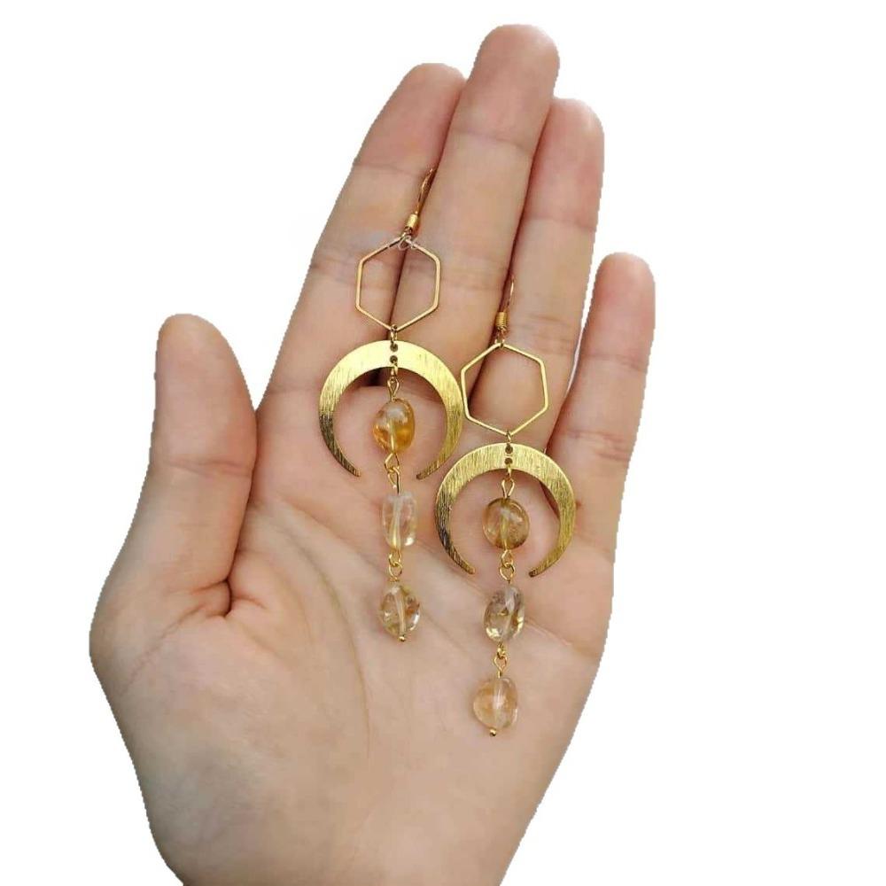 Nouveaux Boucles d'Oreilles Pendantes Charme Rétro Acier Inoxydable Couleur Dorée Croissant de Lune Étoile Améthyste Irrégulière pour Femmes Bijoux Magiques Bohèmes
