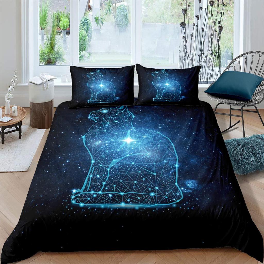 Galaxy Cat Duvet Cover Set Microfiber Universe Galaxy Bedding Set Cute Kitten Comforter Cover Outer Space Planets Quilt Cover