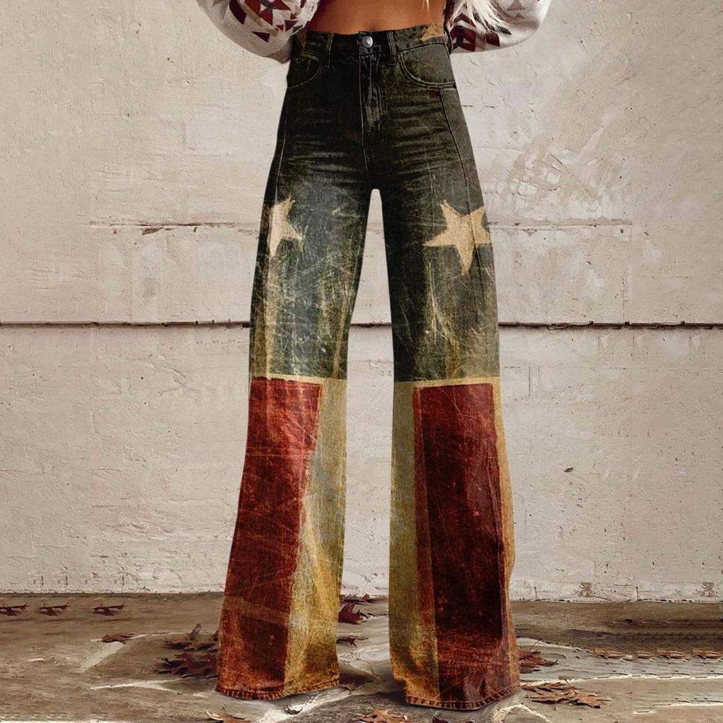 Wide Leg Flare Jeans For Women With Pockets Baggy Pants Vintage Floral Print High Waisted Loose Pant