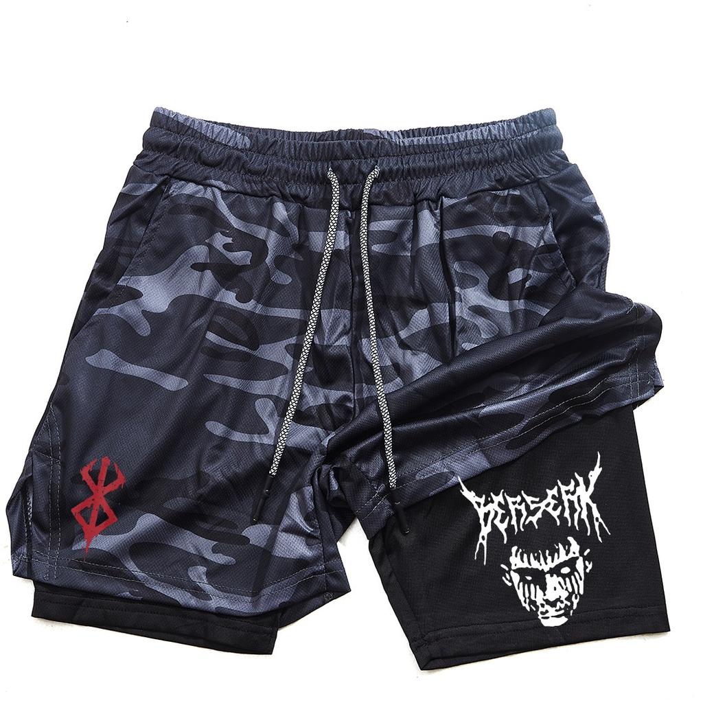 Pantalones cortos de gimnasio para hombre, ropa deportiva 2 en 1 de Anime para correr, trotar, entrenamiento, Yoga, baloncesto