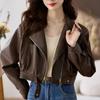 Spring and Autumn Short Leather Jacket Brown Lapel Motorcycle Jacket Design PU Leather Jacket for Women