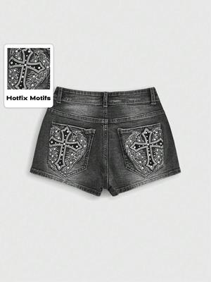 Women's Black & Gray Cross Wing Embroidery Denim Hot Drilling Shorts