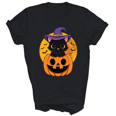 Cute Halloween Black Cat Witch Hat Pumpkin Unisex Shirt Gift
