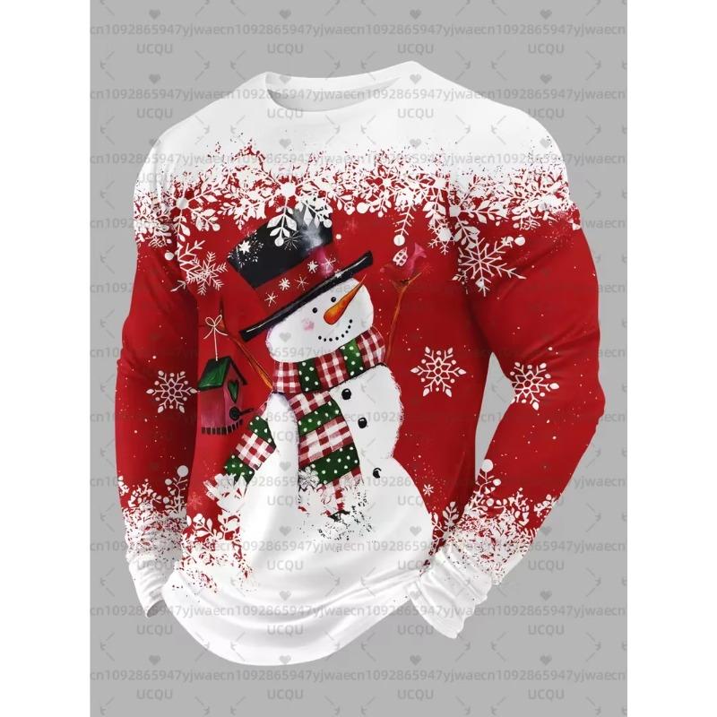 3D Christmas Graphic Printed Top Casual Long Sleeved Men's T-shirts - Soft Medium Stretch Polyester Fabric Spring and Autumn Relaxed Fit Clothing