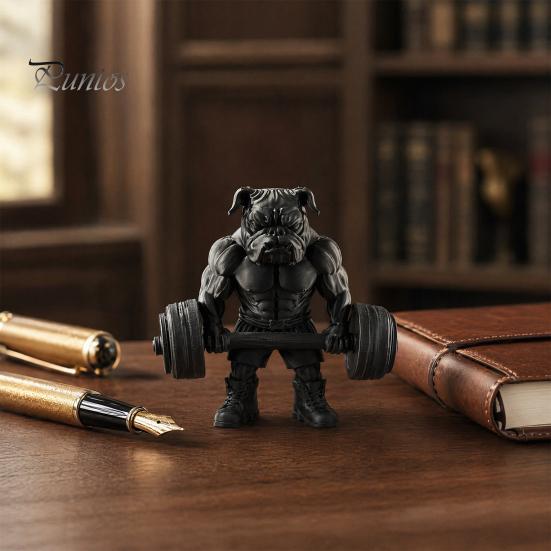 Small Bulldog Statue 3D Printed Fitness Figurine, Modern Muscular Barbell Dog Office Ornament Statue, Black Sculpture for Home Desk Decor Decoration