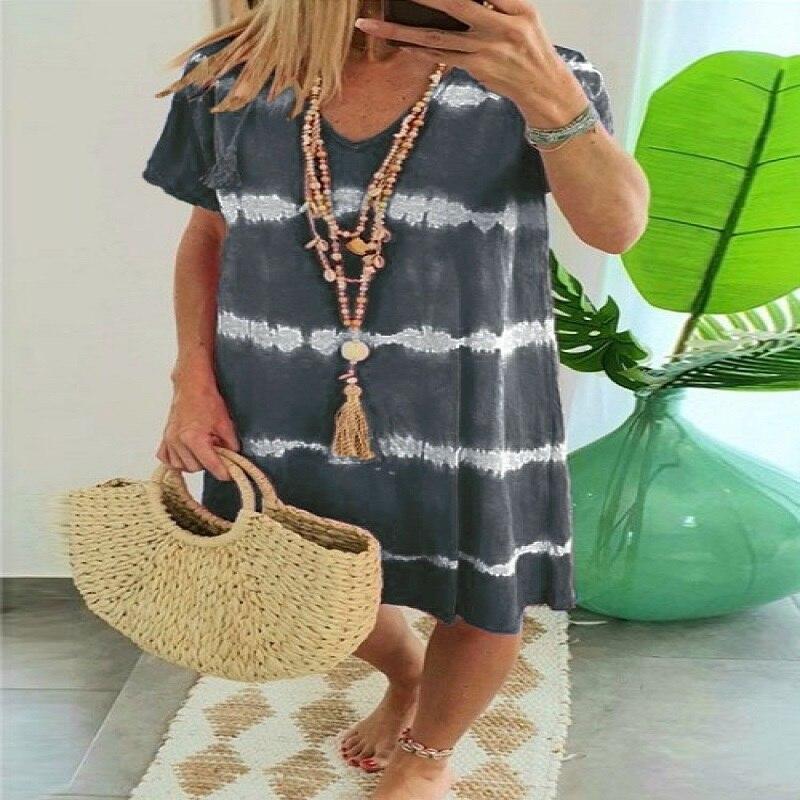 Short Sleeve Beach Tie Dye Printed Pullover Dress Women Summer V Neck Dress Loose Casual Pullover Midi Dress