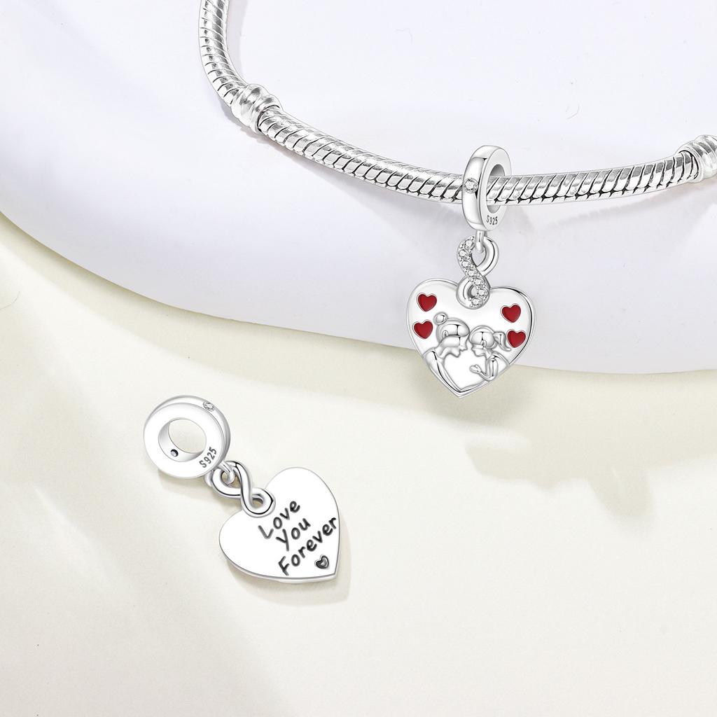 Orstarry S925 Silver Charm Loving Mom and Child Heart Bead Pendant For Bracelet DIY Jewelry Making Mother's Day Gift