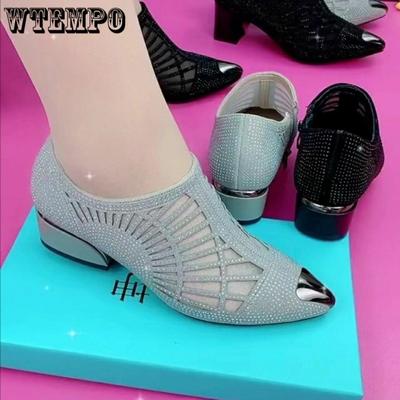 Hollowed Out Mesh Yarn High Heeled Sandals Water Diamond Breathable Low Heel Pointed Head New Fashion Summer