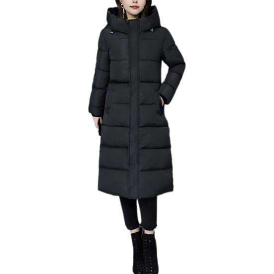 Winter Down Coat Thickened Padded Hooded Stand Collar Knee Length Pockets Zipper Closure Windproof Heat Retention Warm Daily Outwear Cotton Jacket