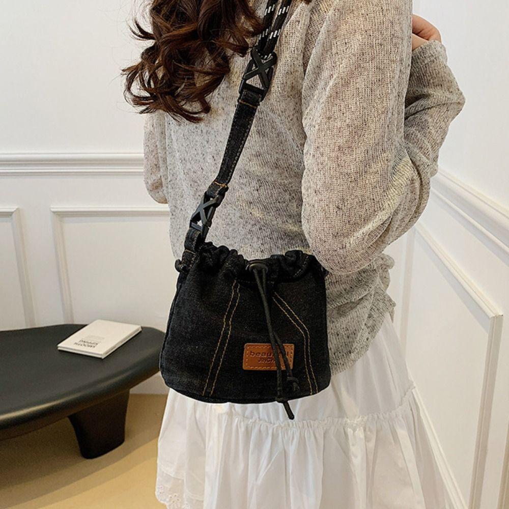 Large Capacity Drawstring Crossbody Bag Solid Color Jeans Shoulder Bag Denim Canvas Bag  Women