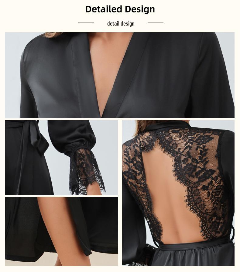 Yaoting Damen Satin Chiffon Nachthemd: Sommer Spitzen-Patchwork, Französisch Elegant, Sexy Rückenfreier Langer Morgenmantel.