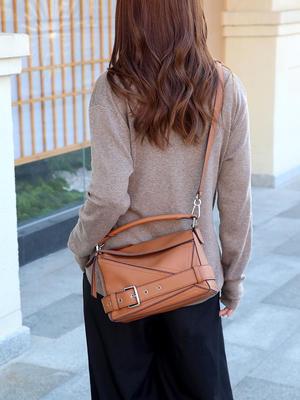 2026 Genuine Leather Geometric Motorcycle Crossbody Bag for Women - Large Capacity Handbag