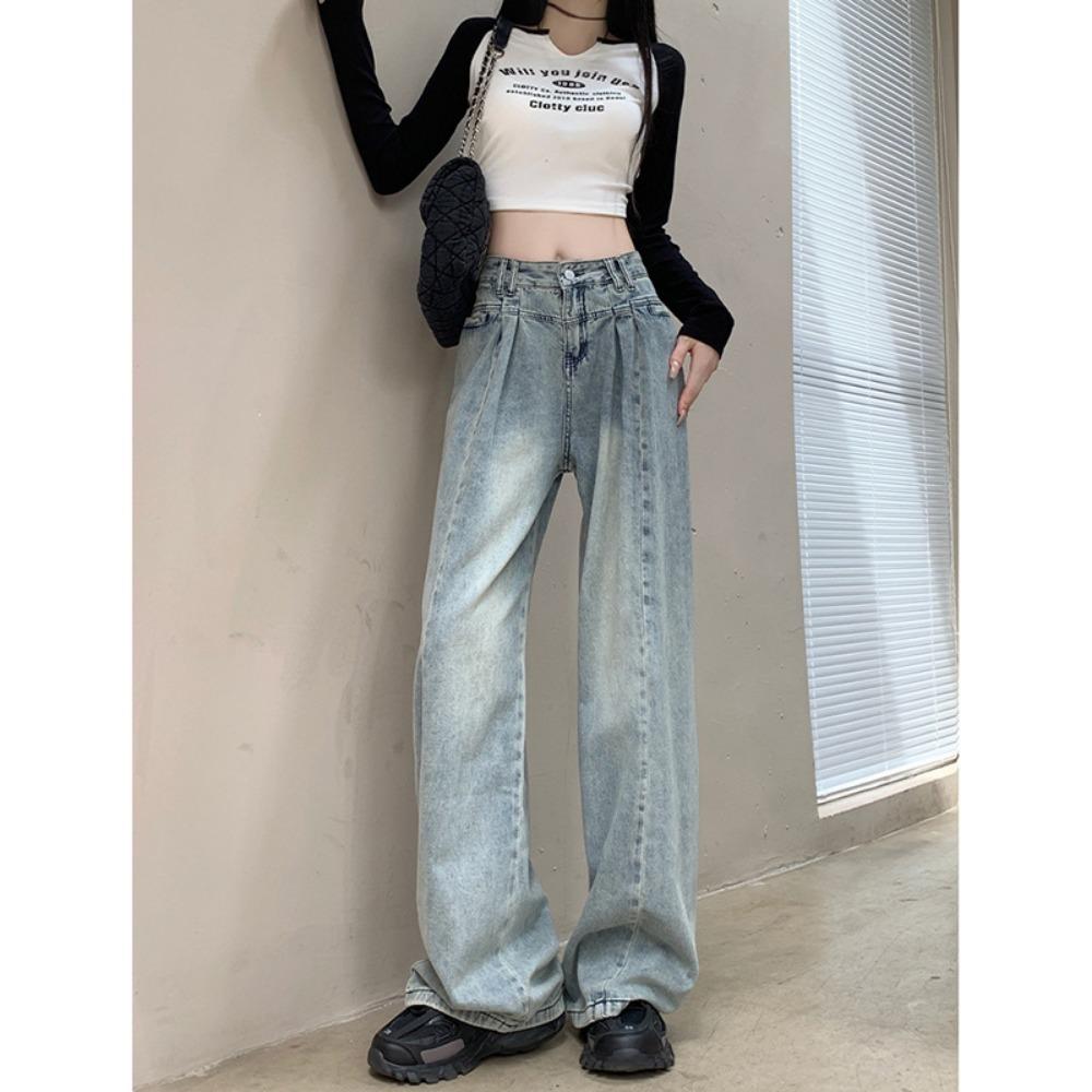 Trendy Street Drape Jeans Women's Spring and Autumn Design Sense High Waist Straight Mopping Wide Leg Jeans Tide