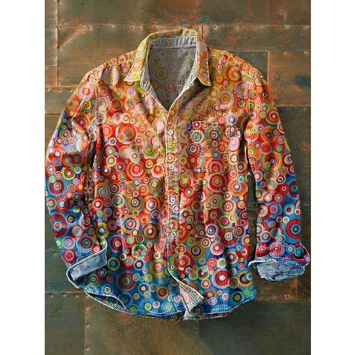 Retro-style Colour-block Print Men’s Long-sleeved Button-down Shirt
