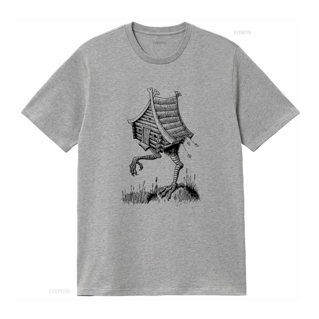 Slavic Folklore Baba Yaga Art Walking House on Chicken Legs T Shirt vintage Washed Versatile streetwear Slightly fashion