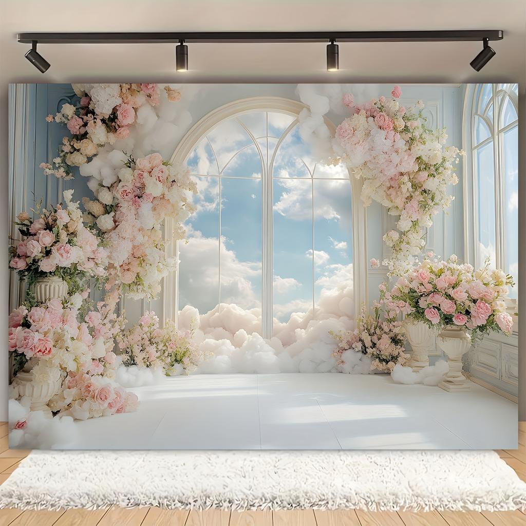 Floral arch and French window design background fabric - perfect for weddings, birthdays, and holidays