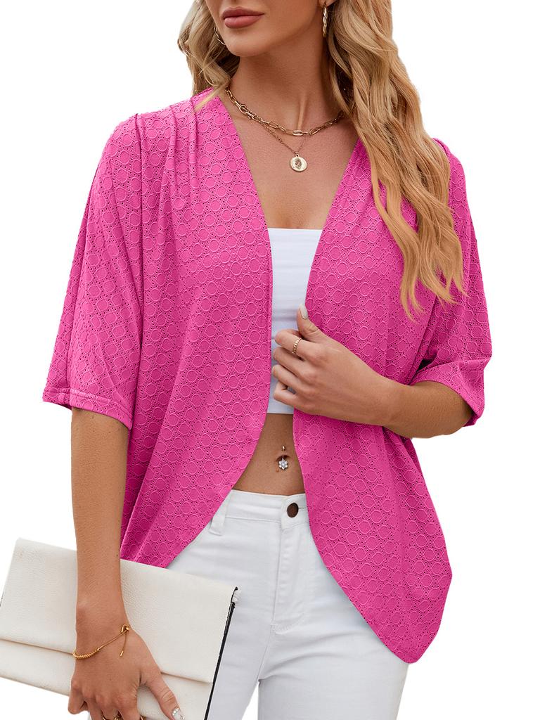 Women's Open Front Three Quarter Sleeve Cardigan Loose Fit Solid Knit Shrug Elegant Casual Hollow Out Kimono Cover Up For Spring Daily Outfit