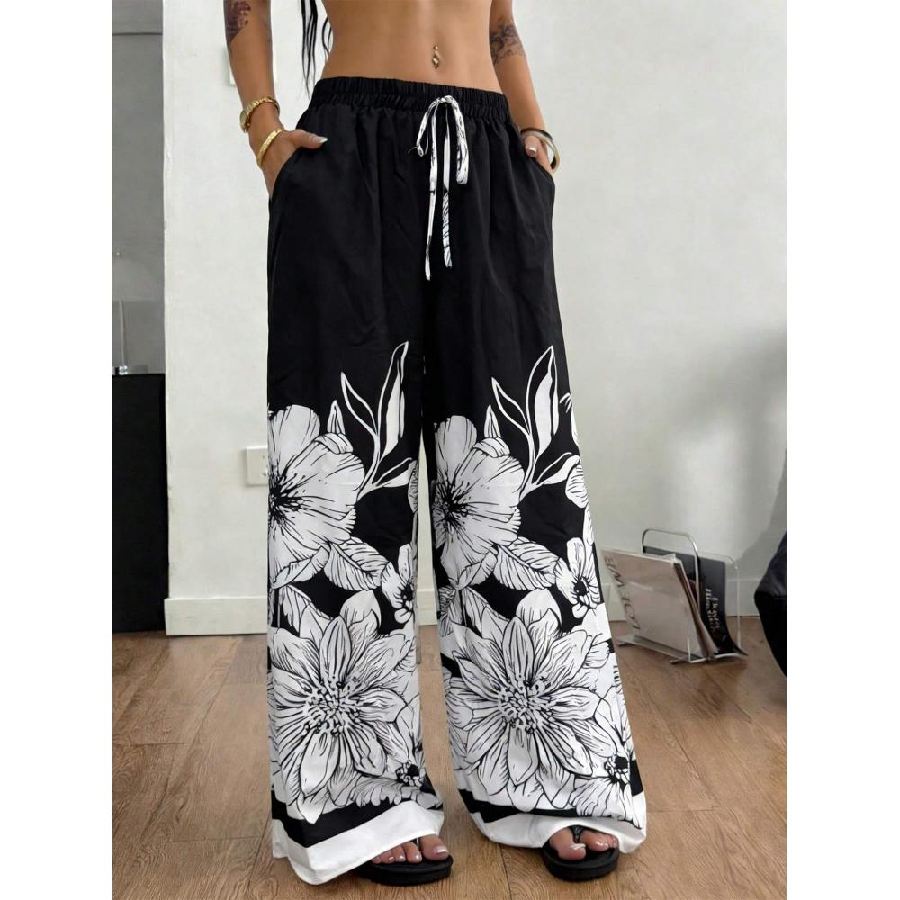 Large-sized Printed Pants, Casual Tie Waist Wide-leg Pants, Spring and Summer, Large-sized Women's Clothing