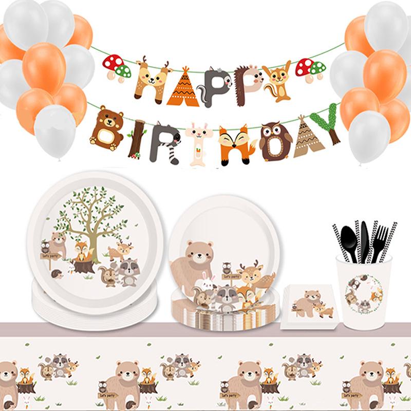 Džungle Zvíře Kreslený Motiv Narozeninová Dekorace Lesní Medvěd Liška Jelen Papírové Talíře Kelímky Narozeniny Baby Shower Párty Stolní Nádobí Deco