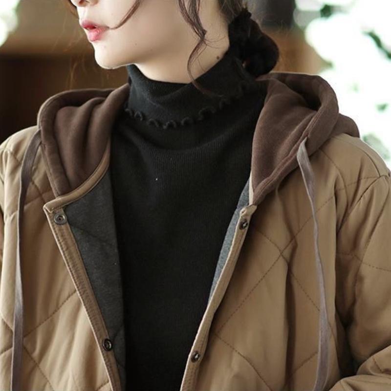 Toamnă Vintage Plus Size Palton rombic cu glugă Femei Iarnă Nouă Jachetă din bumbac Largi Casual Lungime mijlocie Jachete din bumbac căptușite în contrast de culoare