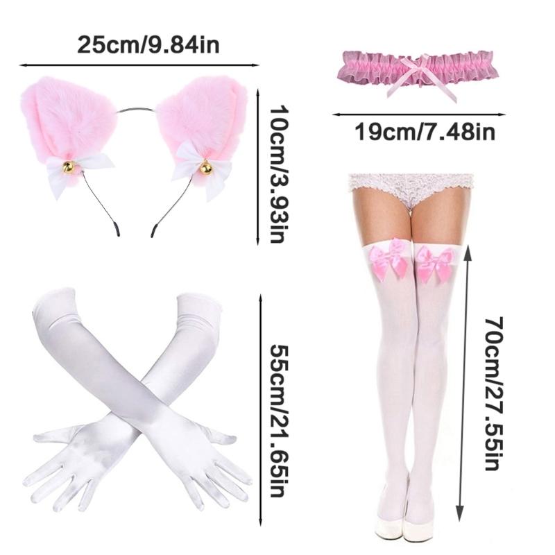 Catgirl Costume Accessories Cats Ear Headband Lace Collar Necklace Gloves and Knee High Sock for Women Girl Cosplay