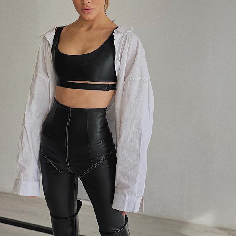 Trendy Women's PU Leather High Waist Patchwork Butt-Lifting Stretchy Pants