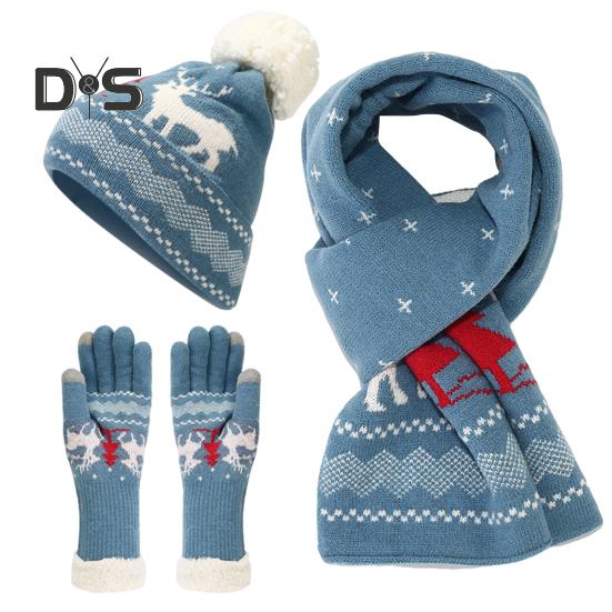 

3 шт./комплект унисекс рождественская шапка шарф перчатки комплект с рисунком лося толстый флис теплая шапка перчатки эластичный сенсорный экран ветрозащитный зимняя на открытом воздухе велоспорт синий