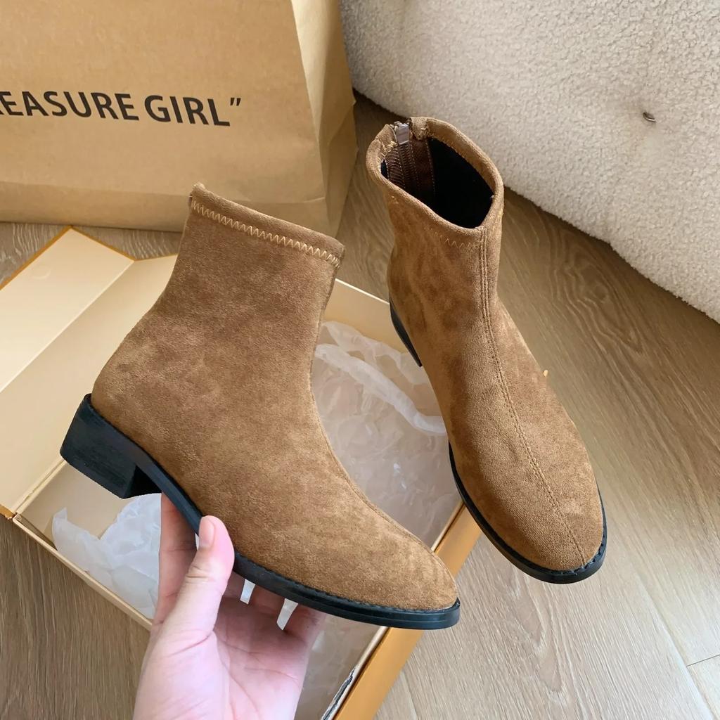 Cow Suede Ankle Modern Boots Women Square Toe Women's Shoes on Sale 2024 New Mid Heel Solid Concise Women's Boots botas