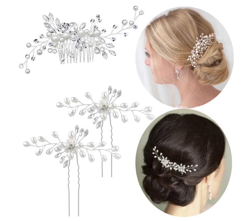 3-Piece Bridal Headdress Handmade Pearl Twisted Bead Hair Comb U-Shaped Clasp Pin