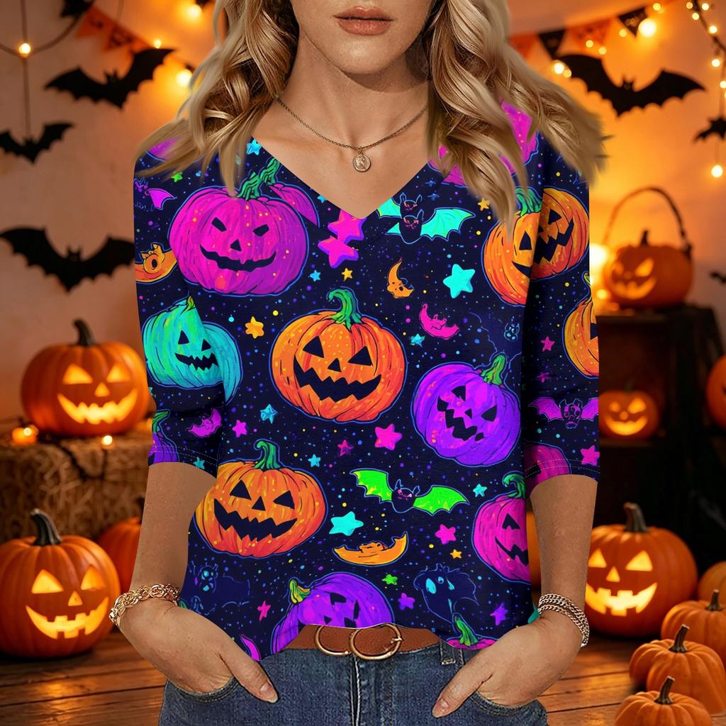 Damen Freizeit V-Ausschnitt Oberteil Halloween-Print Dreiviertelärm Leicht Bluse Lockerer Schnitt Pulloverhemd für die Herbstsaison