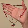 Red Bead Necklace Cherry Pendant Necklace, Double Layer Dainty Slim Chain Choker, Alloy Electroplated Jewelry Sweet Gift for Women Girls Cute Charm