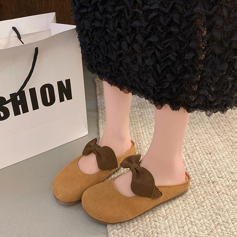 Fashion Spring New Baotou Slippers Women's Round Head Shallow Mouth Suede Butterfly Knot Soft Sole Anti-slip Wear-resistant Flat Shoes