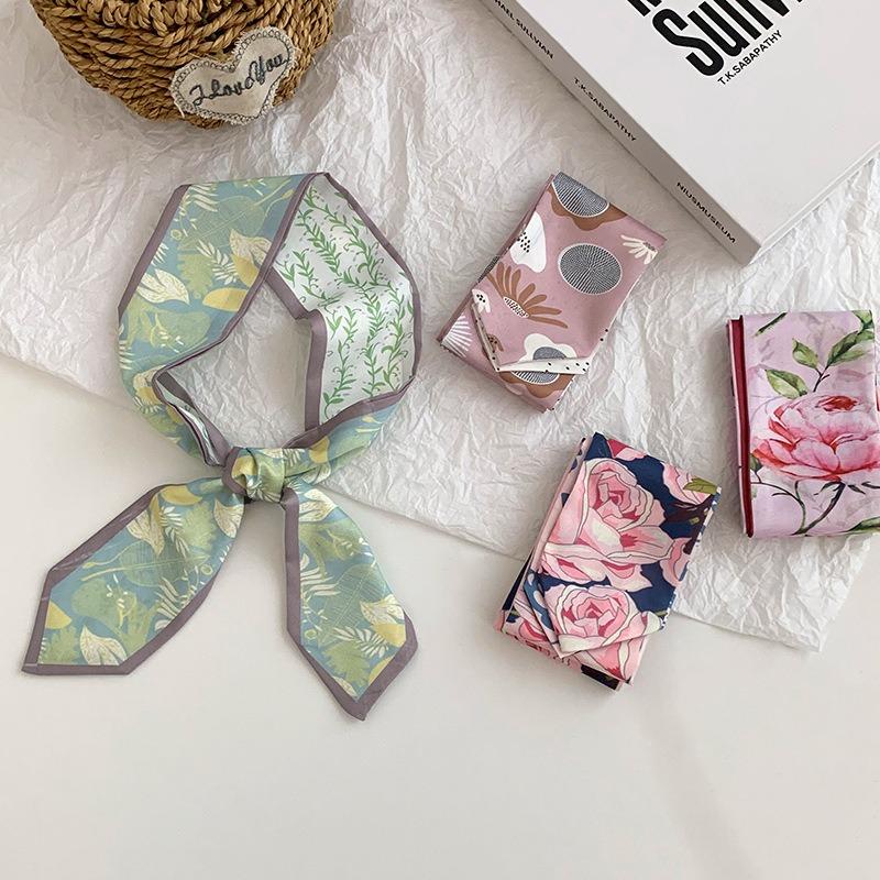 Silk scarf long strip high sense summer new oil painting style versatile floral scarf headscarf headband hair tie bag streamer