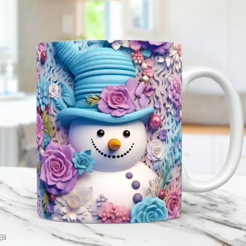 3D Christmas Ceramic Coffee Mug Tea Cup Snowman Flower Snowflake